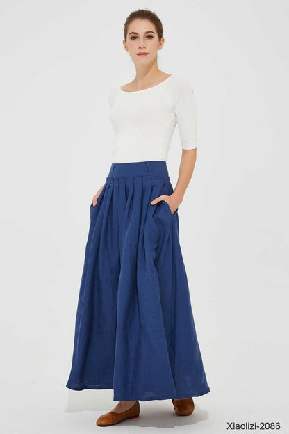 Blue Linen Maxi Skirt - Handmade Pleated Waist with Pockets 2086