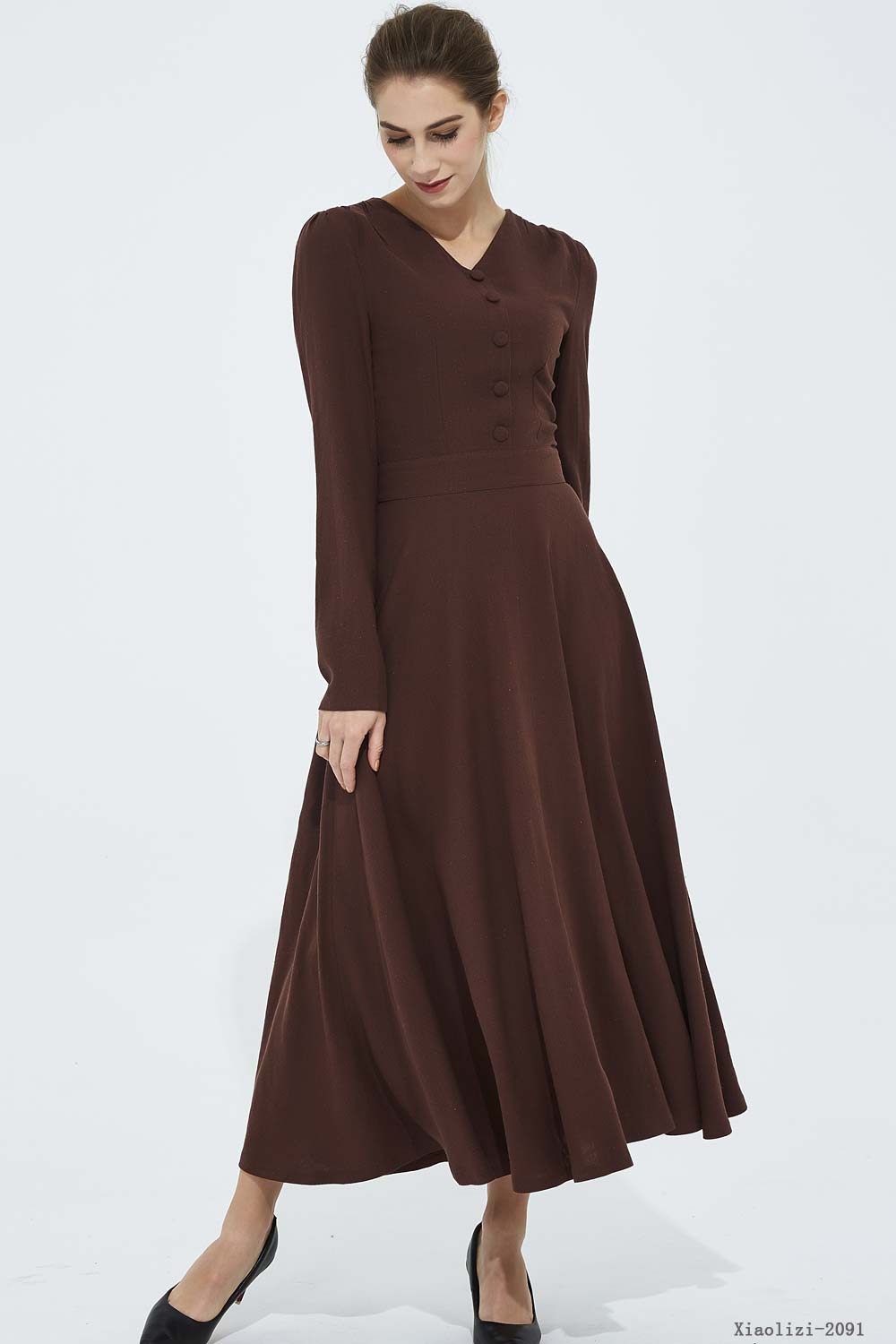 Long sleeve button front swing dress 2091#