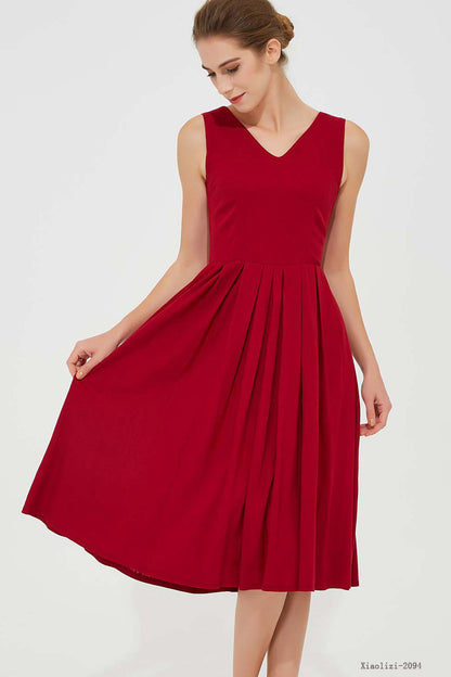 Red Linen Fit and Flare Midi Dress - Sleeveless V Neck 2904