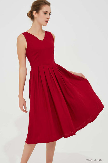 Sleeveless red pleated fit and flare dress 2094#