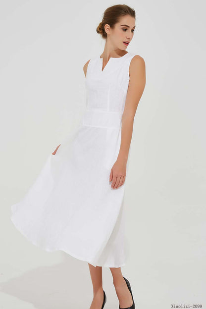 White Linen Midi Dress - Sleeveless Split Collar with Pockets 2099