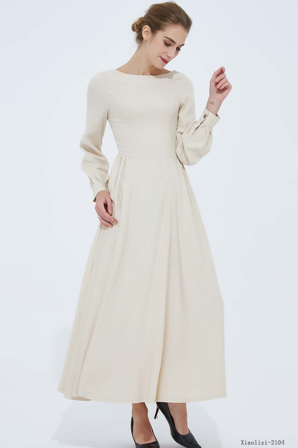 long sleeve swing prom dress in beige 2104# - XS (US 0) long sleeve swing prom dress in beige 2104# - XS (US 0)