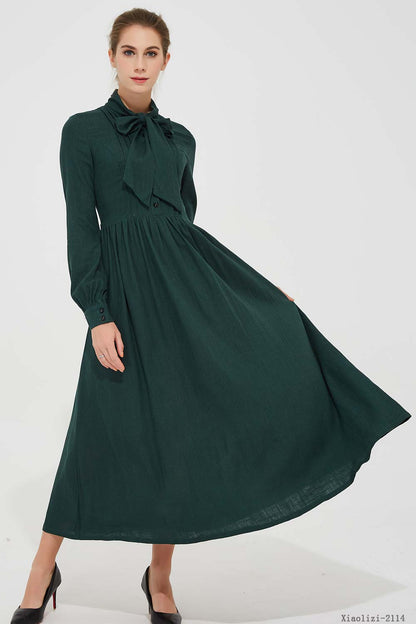 Dark Green Modest Linen Maxi Dress with Tie Neck and Pleated Waist 2114