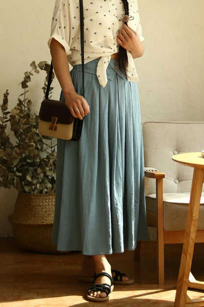 Blue Linen Pleated Maxi Skirt - Elastic Waist Hip Pockets | Xiaolizi 2154