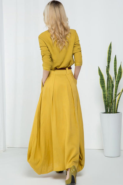 Yellow Linen Cotton Maxi Skirt – Flowy Asymmetrical Handmade Skirt | Xiaolizi 2157