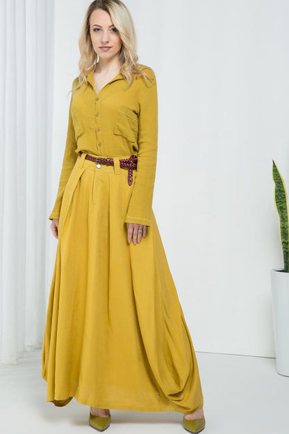 Yellow Linen Cotton Maxi Skirt – Flowy Asymmetrical Handmade Skirt | Xiaolizi 2157