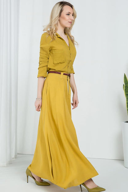 Yellow Linen Cotton Maxi Skirt – Flowy Asymmetrical Handmade Skirt | Xiaolizi 2157