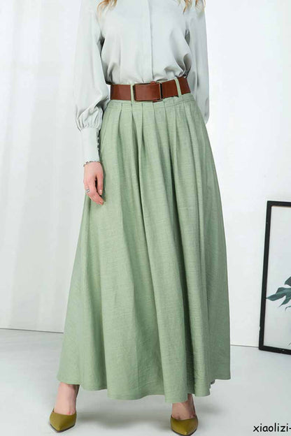Army Green Linen Maxi Skirt - Pleated Waist Ankle-Length 2162