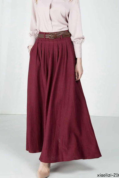 Burgundy Linen Maxi Skirt - Pleated Waist, Flowing Silhouette 2163