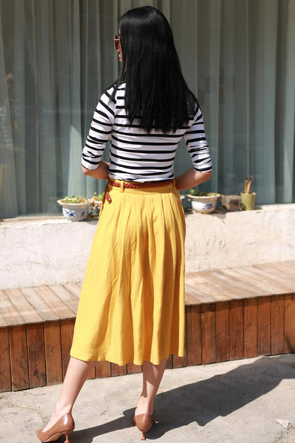 Mustard Yellow Linen Pleated Midi Skirt - High Waist Pockets | Xiaolizi 2170