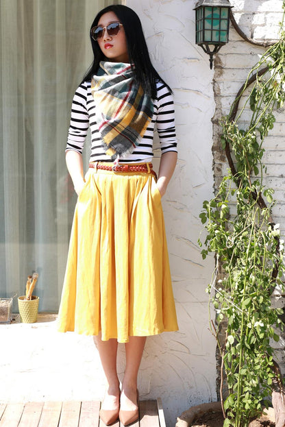 Mustard Yellow Linen Pleated Midi Skirt - High Waist Pockets | Xiaolizi 2170