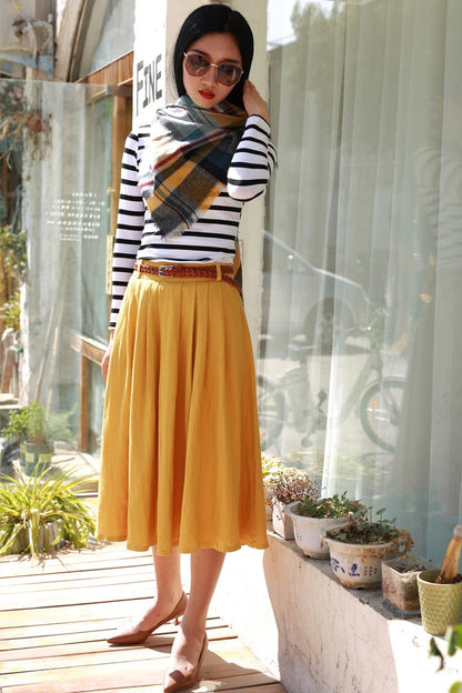 Mustard Yellow Linen Pleated Midi Skirt - High Waist Pockets | Xiaolizi 2170