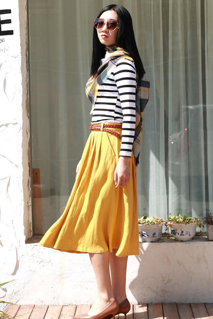 Mustard Yellow Linen Pleated Midi Skirt - High Waist Pockets | Xiaolizi 2170