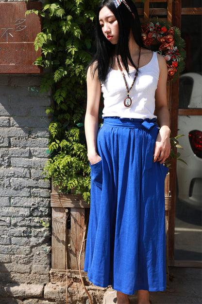 Royal Blue Linen Maxi Skirt - Elastic Waist with Draped Pockets 2171