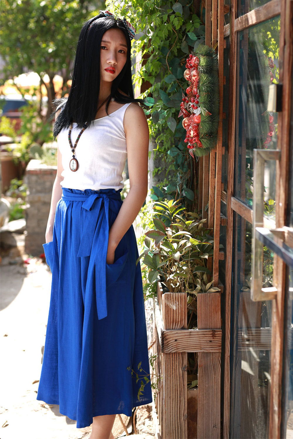 Royal blue maxi linen skirt with elasit waist and self belt 2171#