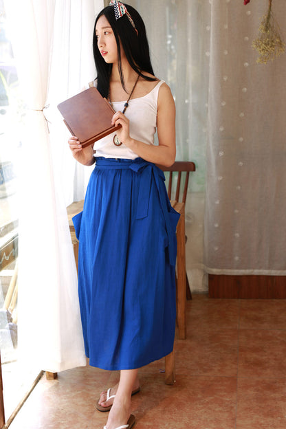 Royal Blue Linen Maxi Skirt - Elastic Waist with Draped Pockets 2171