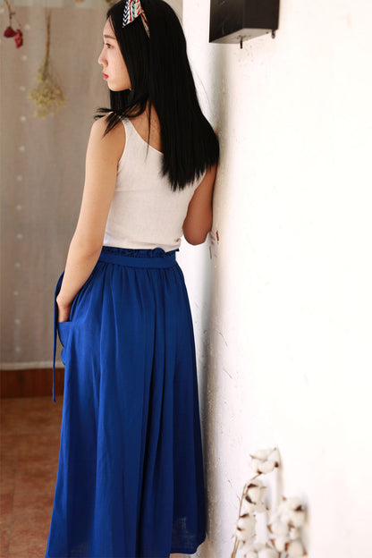 Royal Blue Linen Maxi Skirt - Elastic Waist with Draped Pockets 2171