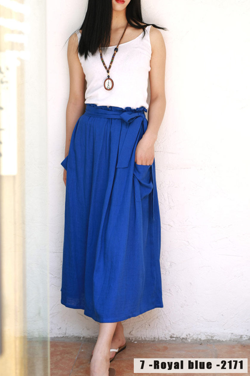 Royal blue maxi linen skirt with elasit waist and self belt 2171#