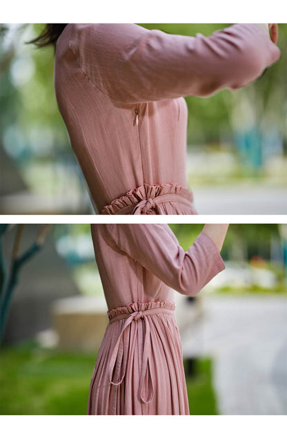 Pink Cotton Linen Maxi Dress - Fit and Flare with Ruffle Waist 2185