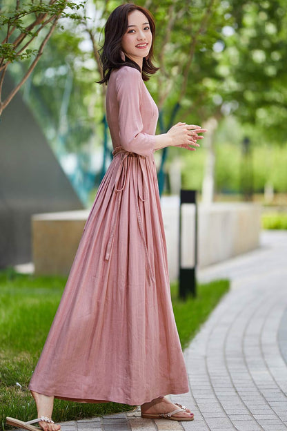 Pink Cotton Linen Maxi Dress - Fit and Flare with Ruffle Waist 2185