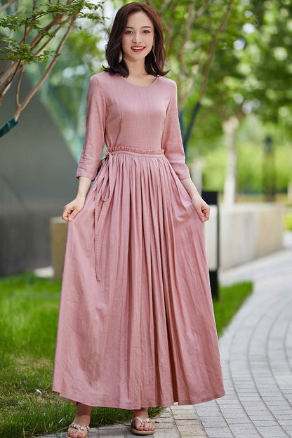 Pink Cotton Linen Maxi Dress - Fit and Flare with Ruffle Waist 2185
