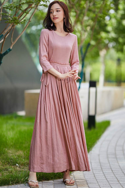 Pink Cotton Linen Maxi Dress - Fit and Flare with Ruffle Waist 2185
