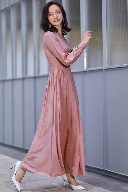 Pink Linen Maxi Dress - Pleated Waist, Long Lantern Sleeves 2186