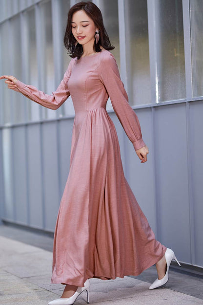 Pink Linen Maxi Dress - Pleated Waist, Long Lantern Sleeves 2186
