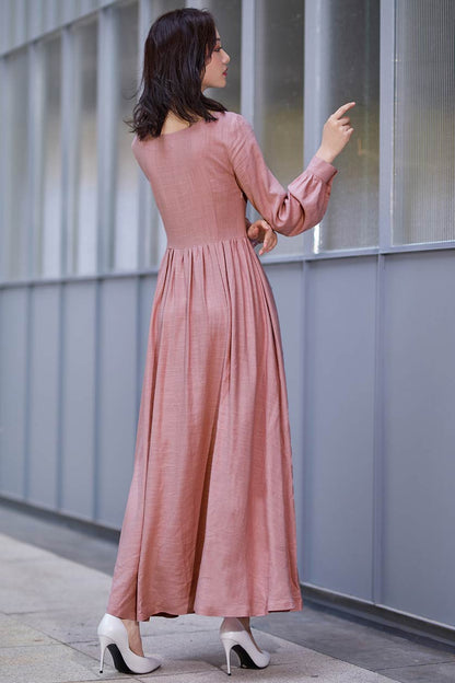 Pink Linen Maxi Dress - Pleated Waist, Long Lantern Sleeves 2186