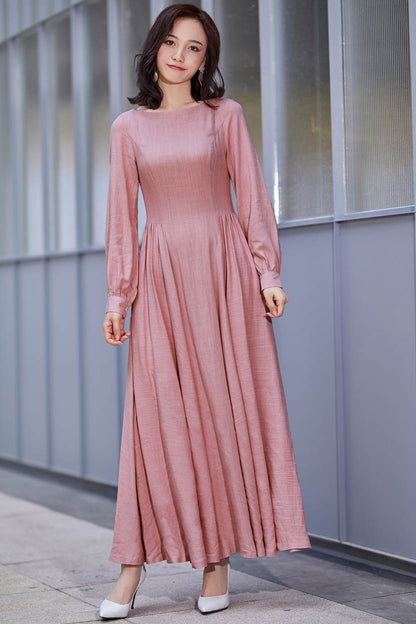 Pink Linen Maxi Dress - Pleated Waist, Long Lantern Sleeves 2186