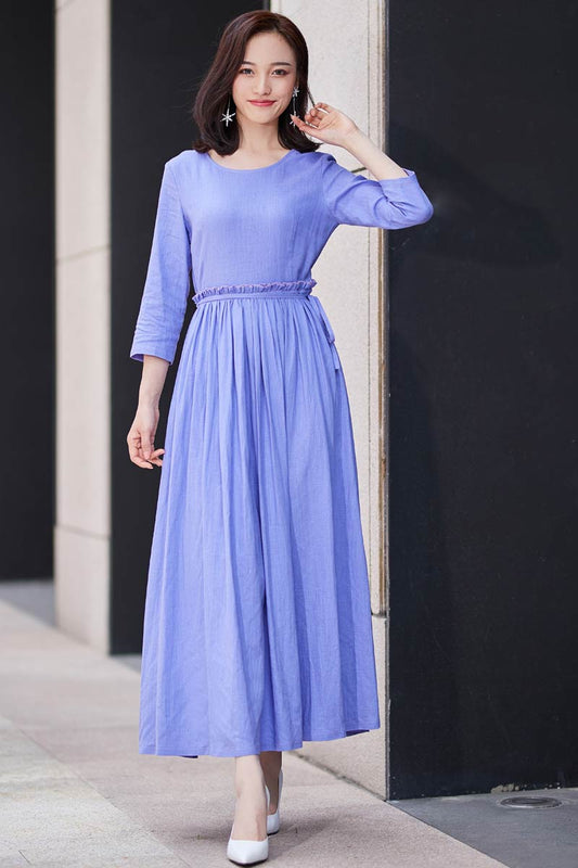 Chic fit and flare dress with ruffle wasit and 3/4 sleeve in purple 2187#