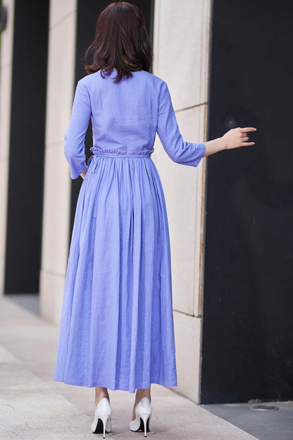 Purple Cotton Linen Maxi Dress - Fit and Flare with Ruffle Waist 2187