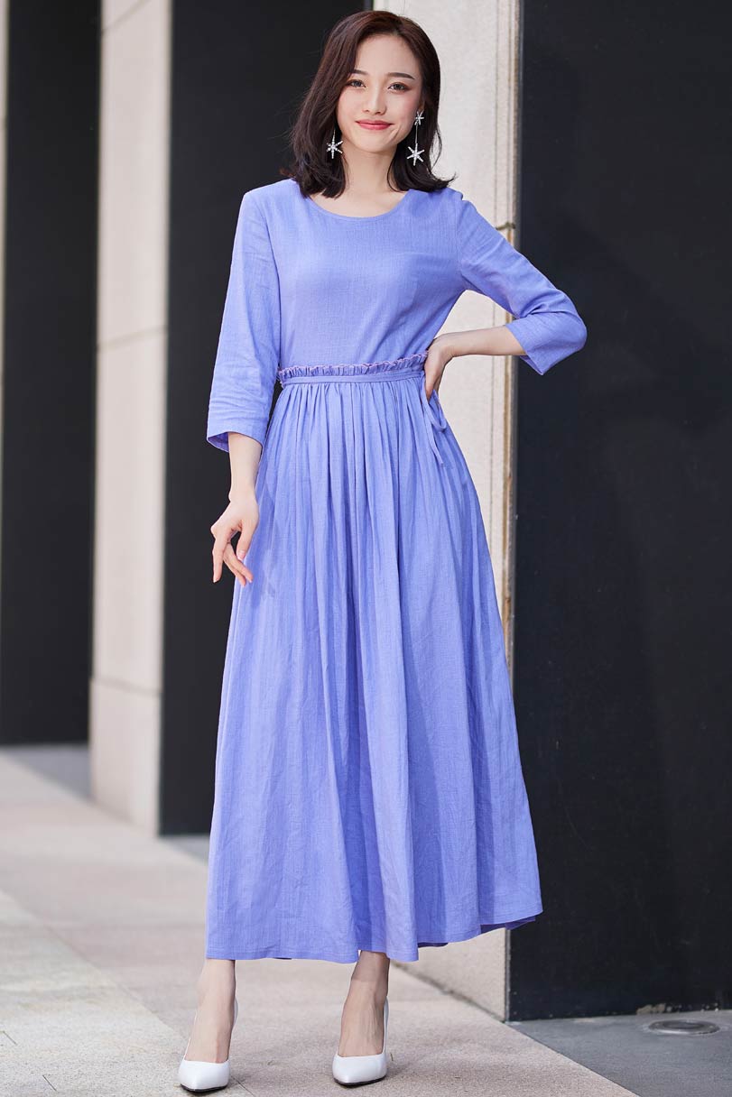 Chic fit and flare dress with ruffle wasit and 3/4 sleeve in purple 2187#