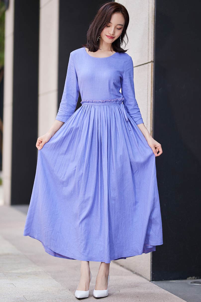 Chic fit and flare dress with ruffle wasit and 3/4 sleeve in purple 2187#