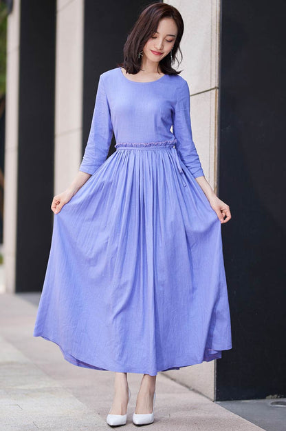 Purple Cotton Linen Maxi Dress - Fit and Flare with Ruffle Waist 2187