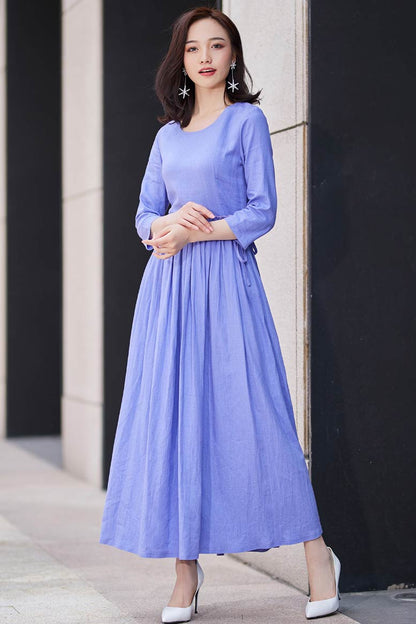 Purple Cotton Linen Maxi Dress - Fit and Flare with Ruffle Waist 2187