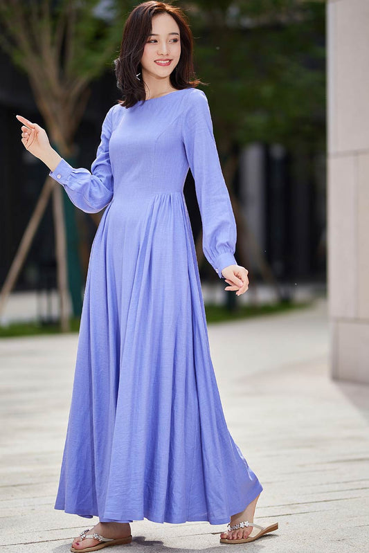 Lavender Purple Linen Cotton Maxi Dress – Vintage Boat Neck Long Sleeve Dress 2188