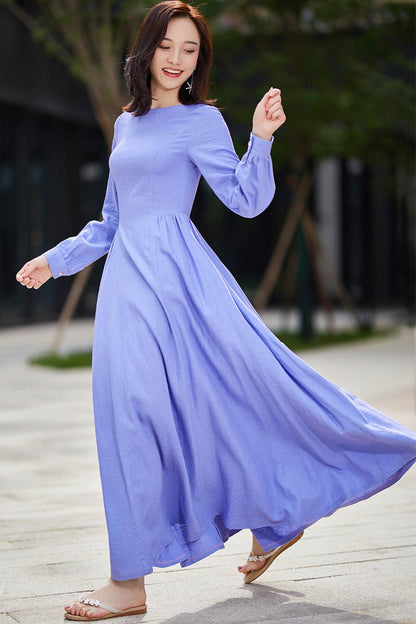 Lavender Purple Linen Cotton Maxi Dress – Vintage Boat Neck Long Sleeve Dress 2188
