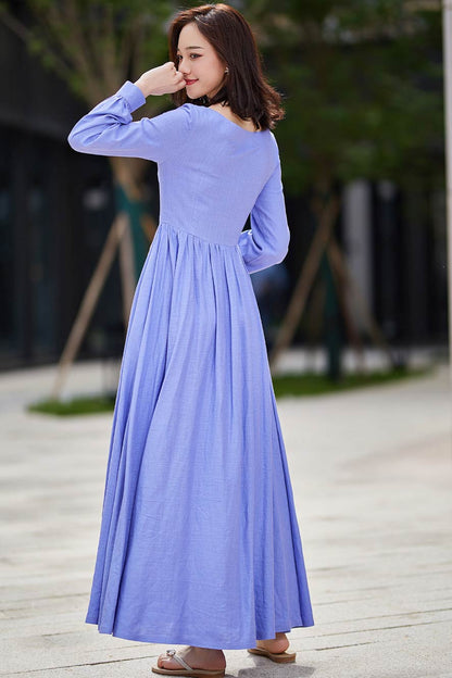 Lavender Purple Linen Cotton Maxi Dress – Vintage Boat Neck Long Sleeve Dress 2188