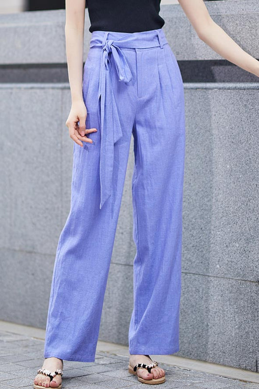 Blue palazzo pant with self belt 2189#