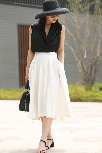 White Flare Midi Skirt - Fitted Waist & Seam Pockets | Xiaolizi 2197