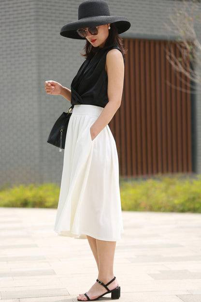 White Flare Midi Skirt - Fitted Waist & Seam Pockets | Xiaolizi 2197