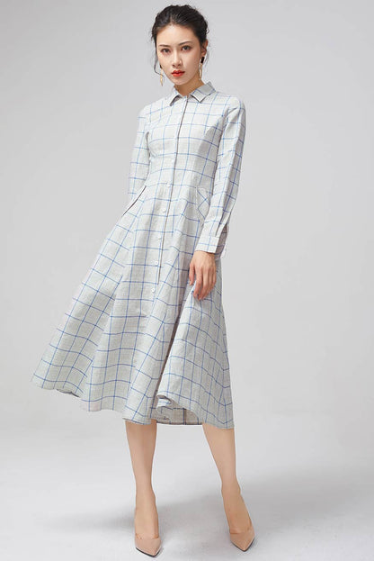 Women's Plaid Midi Swing shirt dress 2216
