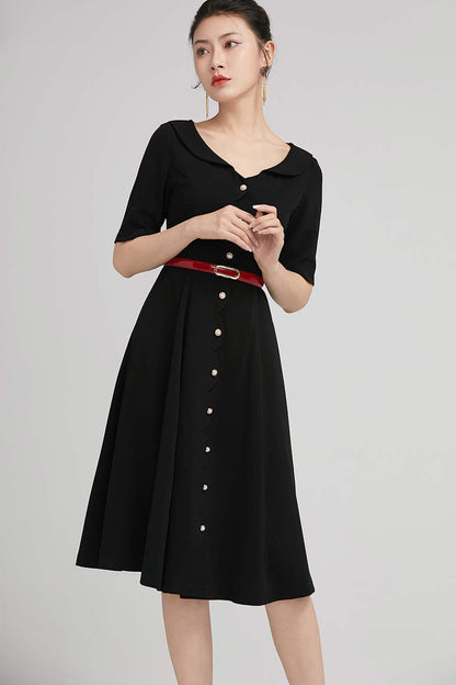 Black Polyester A-Line Dress - Button Closure with Ruffle Detail 2226