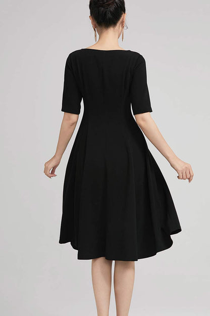 Black Polyester A-Line Dress - Button Closure with Ruffle Detail 2226