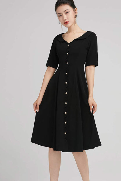 Black Polyester A-Line Dress - Button Closure with Ruffle Detail 2226