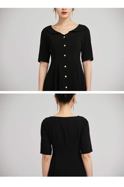 Black Polyester A-Line Dress - Button Closure with Ruffle Detail 2226