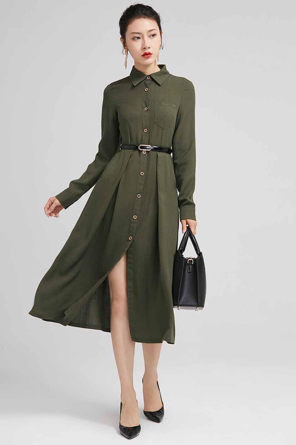 Women's Army green shirt dress 2228# Xiaolizi Women's Army green shirt dress 2228# Xiaolizi