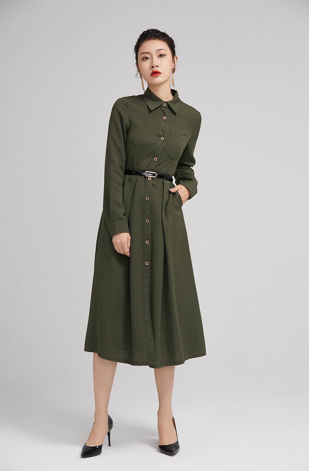 Army Green Linen Shirt Dress with Fitted Waist and Button-Down Front