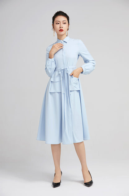 Blue Polyester Midi Dress - Adjustable Waist with Pockets 2229